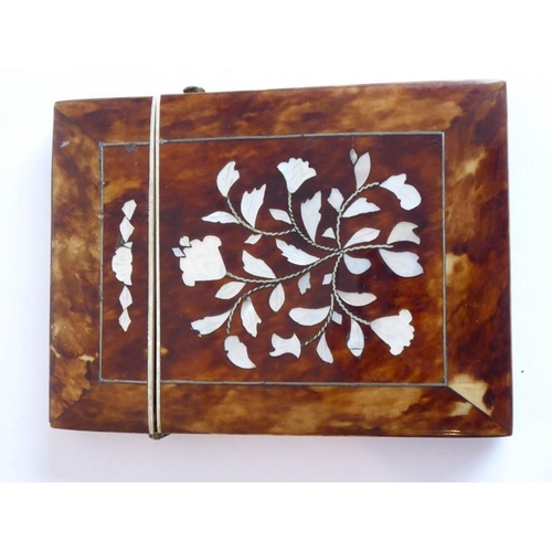 363 - A mid-19th century tortoiseshell card case inlaid with floral designs in mother of pearl (10.5cm x 8... 