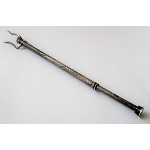 375 - A silver pickle fork, the three prongs to the engine-turned shaft and push release mechanism, Birmin... 