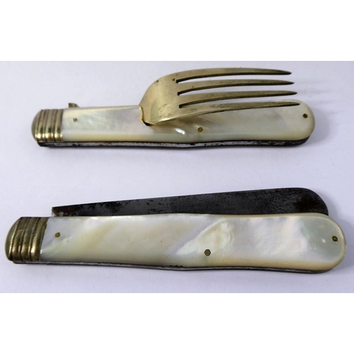 381 - A black leather cased campaign-style folding knife and fork set; each with mother-of-pearl handle an... 