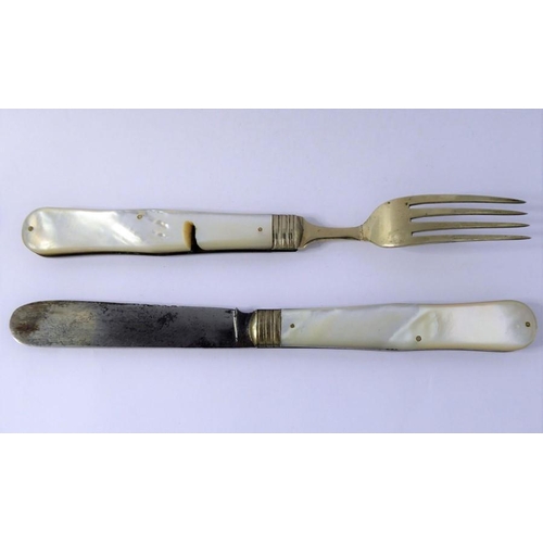 381 - A black leather cased campaign-style folding knife and fork set; each with mother-of-pearl handle an... 