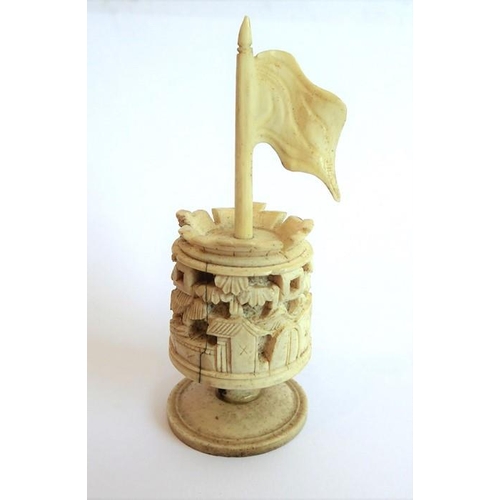 382 - A good selection of late 19th century carved and set stained ivory chess pieces to include seven whi... 