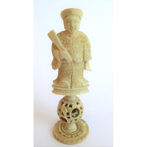 382 - A good selection of late 19th century carved and set stained ivory chess pieces to include seven whi... 