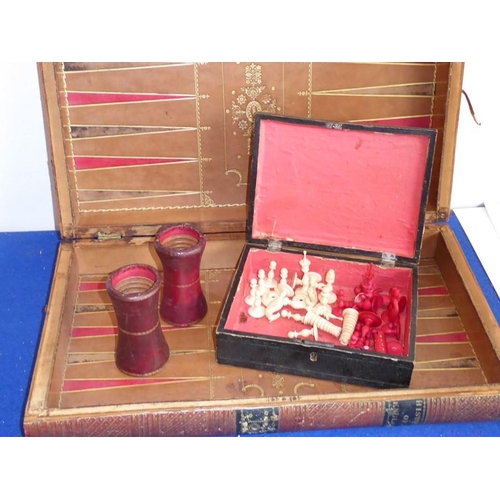 383 - A large 19th century leather-covered games box (as two volumes) 'History of England'; the volumes op... 