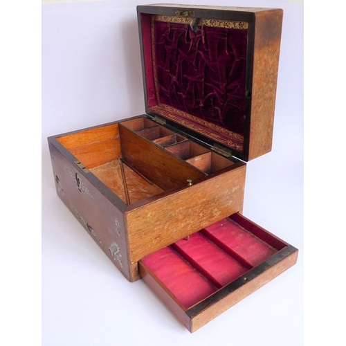 395 - A mid 19th century faded rosewood and mother of pearl inlaid vanity case; the lid opening to reveal ... 