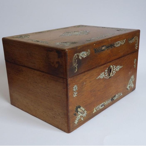 395 - A mid 19th century faded rosewood and mother of pearl inlaid vanity case; the lid opening to reveal ... 