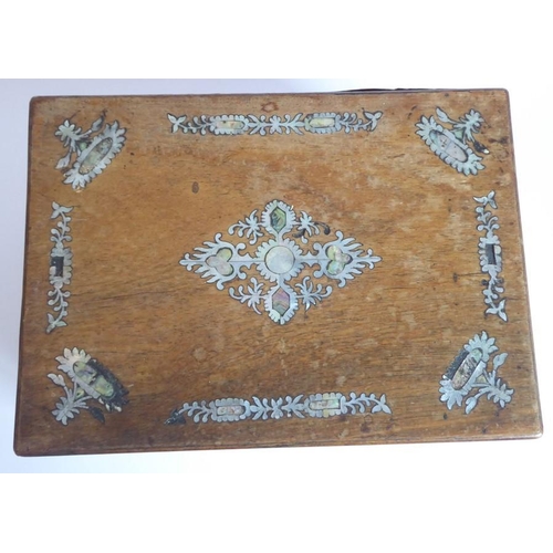 395 - A mid 19th century faded rosewood and mother of pearl inlaid vanity case; the lid opening to reveal ... 