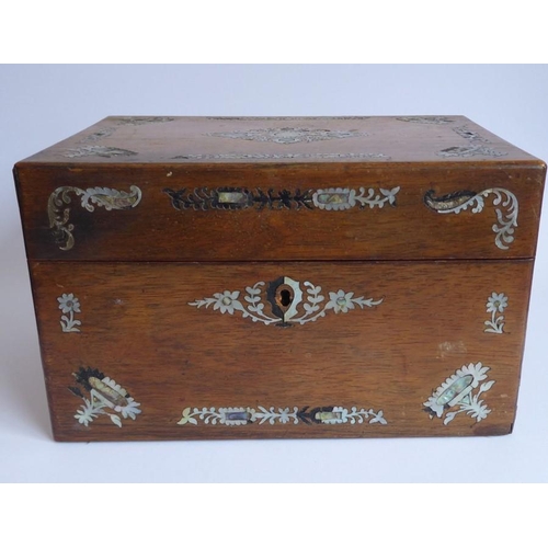 395 - A mid 19th century faded rosewood and mother of pearl inlaid vanity case; the lid opening to reveal ... 