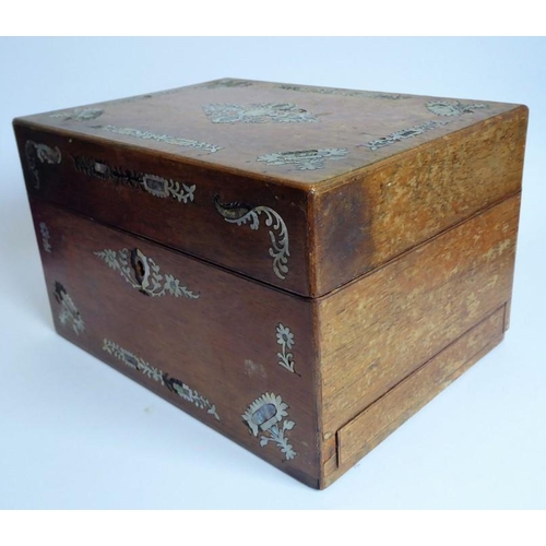 395 - A mid 19th century faded rosewood and mother of pearl inlaid vanity case; the lid opening to reveal ... 