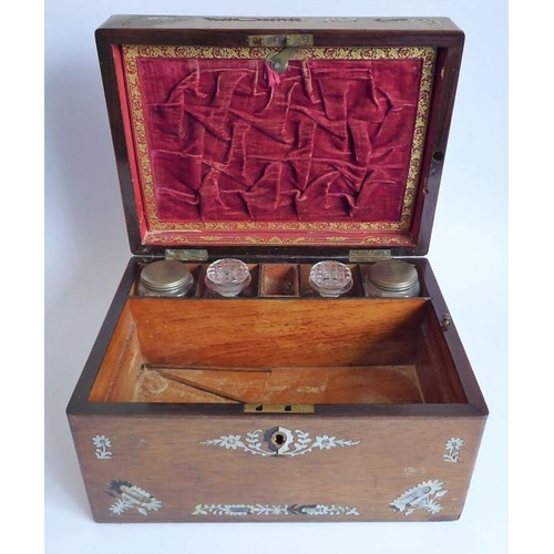 395 - A mid 19th century faded rosewood and mother of pearl inlaid vanity case; the lid opening to reveal ... 