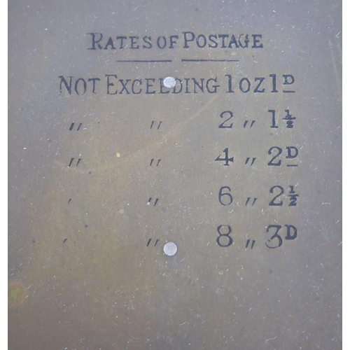 396 - A set of 19th century brass postal scales with weights and raised upon a mahogany plinth base (27cm ... 