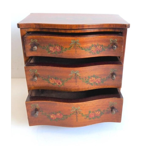 404 - An usual late 19th/early 20th century serpentine-fronted miniature satinwood apprentice chest of thr... 