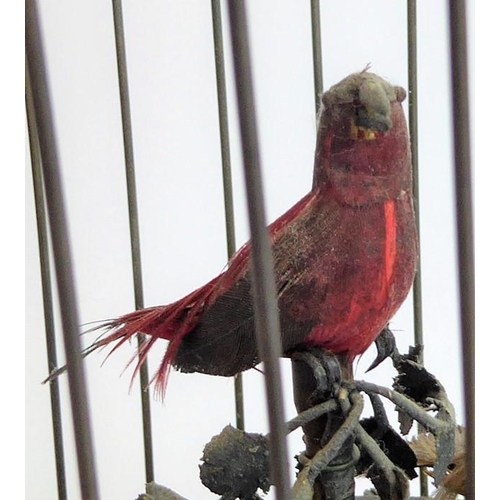 407 - An early 20th century brass-cased, dome-topped singing birdcage automaton; the round suspension loop... 