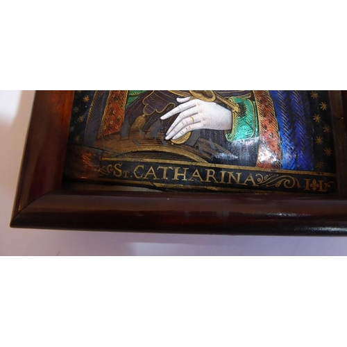 416 - A framed enamel onto copper miniature of St. Catharina (9.75cm x 7.5cm)