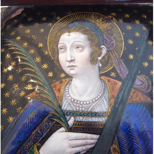 416 - A framed enamel onto copper miniature of St. Catharina (9.75cm x 7.5cm)