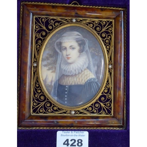 428 - An oval portrait miniature of Mary Queen of Scots in 16th century style: faux tortoiseshell and gilt... 