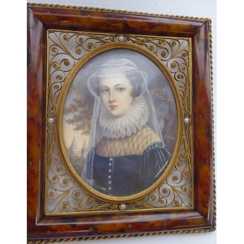 428 - An oval portrait miniature of Mary Queen of Scots in 16th century style: faux tortoiseshell and gilt... 