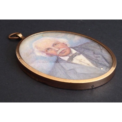 430 - An Edwardian oval shoulder-length portrait miniature; a gentleman with white hair and moustache, wit... 