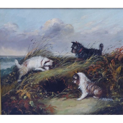 446 - J. LANGLOIS (W. GREGORY c. 1855-1904) - a 19th century oil on canvas study of three terriers at a wa... 