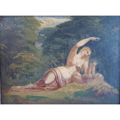 487 - Early 19th century English Romantic School - mother and child reclining in a landscape. Oil on board... 