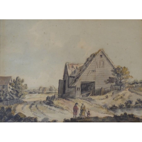 515 - Atrrib. to Henry Maude (?) ( British C19th), Rustics in a Farmyard before a Great Tithe Barn, Ink & ... 