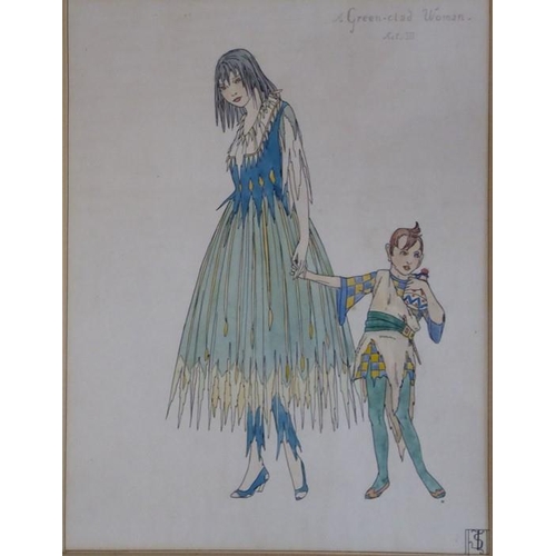 519 - I * S * (Early C20th Norwegian School), Costume Design for ‘A Green-Clad Woman’ and Child, Monogramm... 