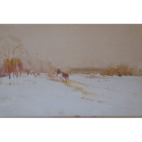 521 - Claude Hayes RI ROI (Irish 1852 – 1922), ‘Homeward Bound through the Snow’, Signed watercolour 6 ½ x... 