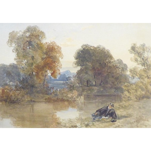 577 - Joseph Murray Ince (Welsh 1806 – 1859), An Undergraduate resting by a River Bank, insc on a label ve... 