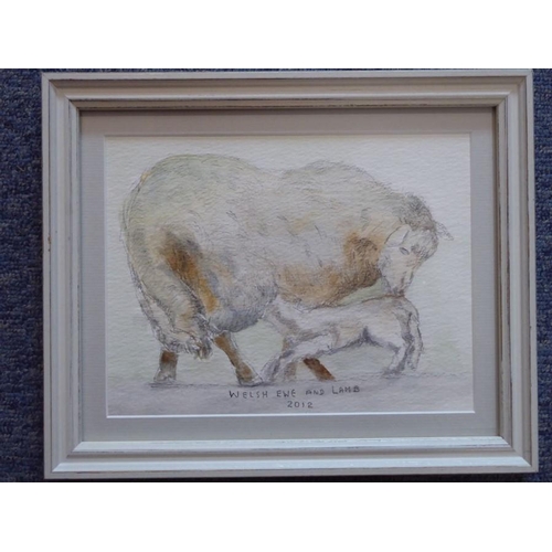 578 - Welsh Contemp. School, Study of a Welsh Ewe and her Lamb, Insc. & dated 2012, Watercolour en grisail... 