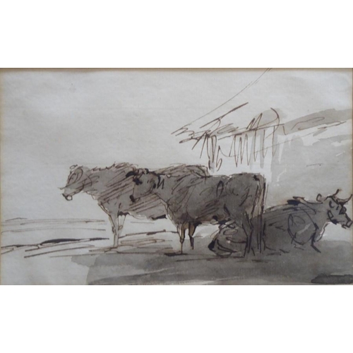 587 - SAWREY GILPIN R.A. (1733-1807), a framed and glazed (Later) ink and wash study of cattle before a ba... 