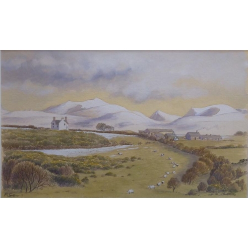 602 - Philip Snow (Welsh contemp.), ‘Llangaffo to Snowdonia’, Anglesey, Signed watercolour heightened with... 