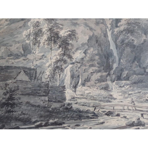 606 - 1.     Edward Dayes (1763-1804) - A Waterfall at Cynwyd, Corwen. Pencil, ink and watercolour, 10 ½ x... 