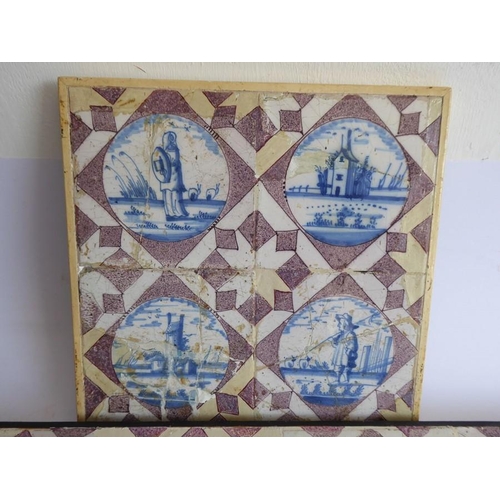 62 - Two framed blocks of four 18th century Dutch blue and white tiles (damages etc. to most); the subjec... 