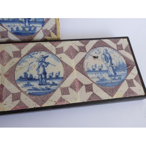 62 - Two framed blocks of four 18th century Dutch blue and white tiles (damages etc. to most); the subjec... 