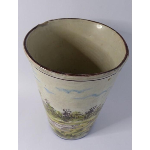 63 - A interesting heavy glazed ceramic Continental beaker of conical form; probably stoneware, hand-deco... 