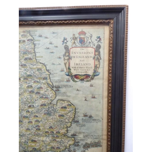 632 - After John Speed - 1676 - ‘The Invasions of England & Ireland’. Hand-coloured engraving,  14 ¾ x 20 ... 