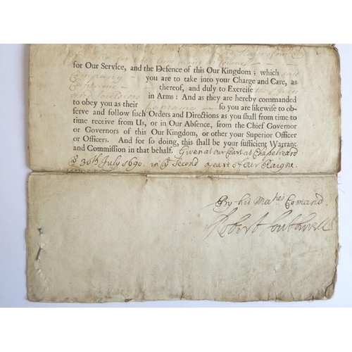 658 - A 1690 captaincy commission signed by William III and countersigned by his Principal Secretary, Robe... 