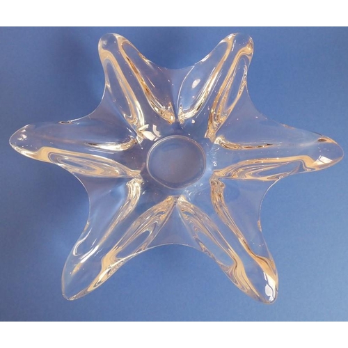 66 - A French crystal Art Glass dish modelled as six-pointed flowerhead, signed to underside (36cm widest... 