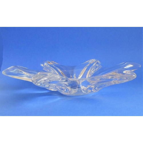 66 - A French crystal Art Glass dish modelled as six-pointed flowerhead, signed to underside (36cm widest... 