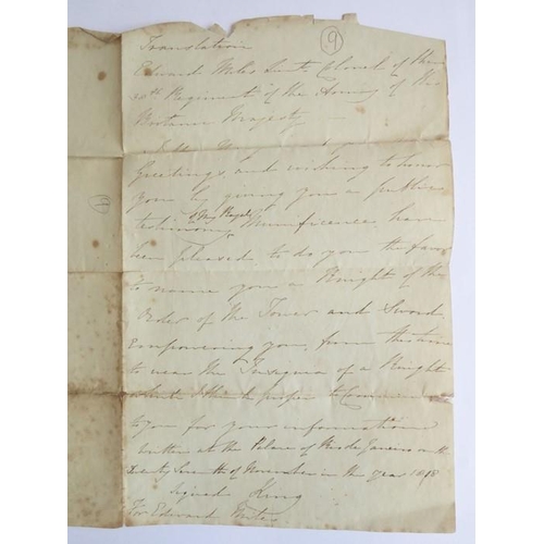 660 - A contemporary (1818) document relating to the knighthood conferred on Lt.-Col. Edward Miles by John... 