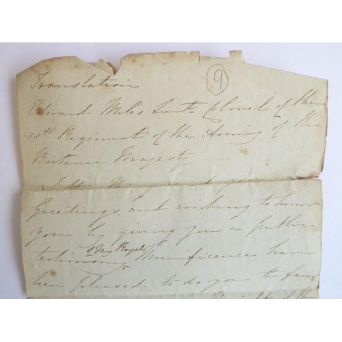 660 - A contemporary (1818) document relating to the knighthood conferred on Lt.-Col. Edward Miles by John... 