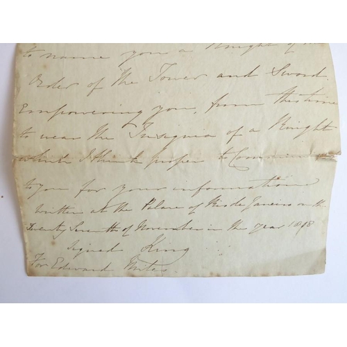 660 - A contemporary (1818) document relating to the knighthood conferred on Lt.-Col. Edward Miles by John... 