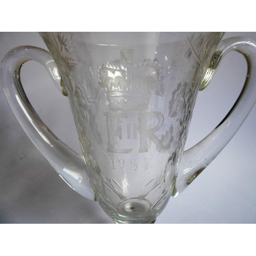 75 - A pair of mid-20th century two-handled clear-glass vases foliates engraved and with the cypher of El... 