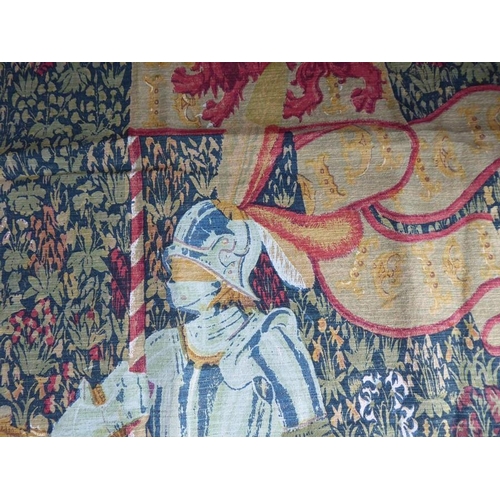 759 - A modern lined wall-hanging medieval-style tapestry depicting a knight in armour (177cm x 140cm)