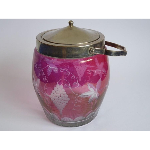 76 - A late 19th/early 20th century flash-cut and silver plated mounted biscuit barrel engraved with a fr... 