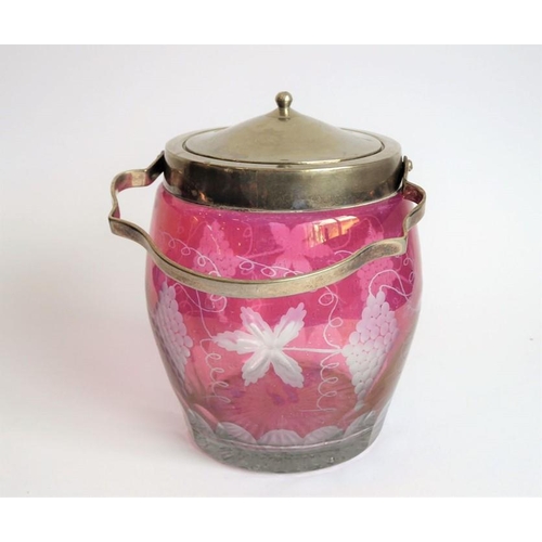 76 - A late 19th/early 20th century flash-cut and silver plated mounted biscuit barrel engraved with a fr... 