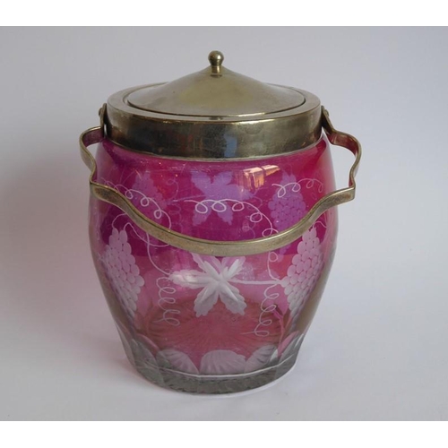 76 - A late 19th/early 20th century flash-cut and silver plated mounted biscuit barrel engraved with a fr... 