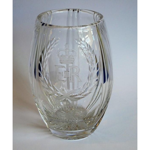 77 - A mid-20th century cut-glass vase signed 'Stuart England'; engraved with the cypher of Elizabeth II ... 