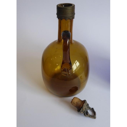 84 - Two 19th century cranberry glass flasks; one with 'Brandy' ticket, together with a spherical cobalt ... 