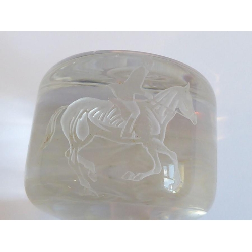 86 - A fine Orrefors Crystal (Swedish) square crystal spirit decanter engraved with show jumping scenes; ... 