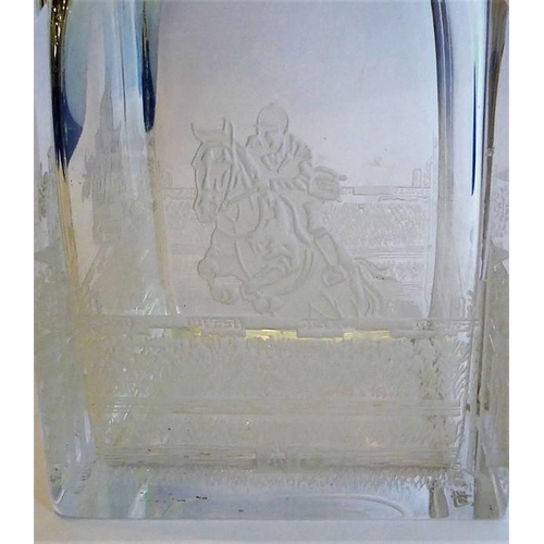 86 - A fine Orrefors Crystal (Swedish) square crystal spirit decanter engraved with show jumping scenes; ... 